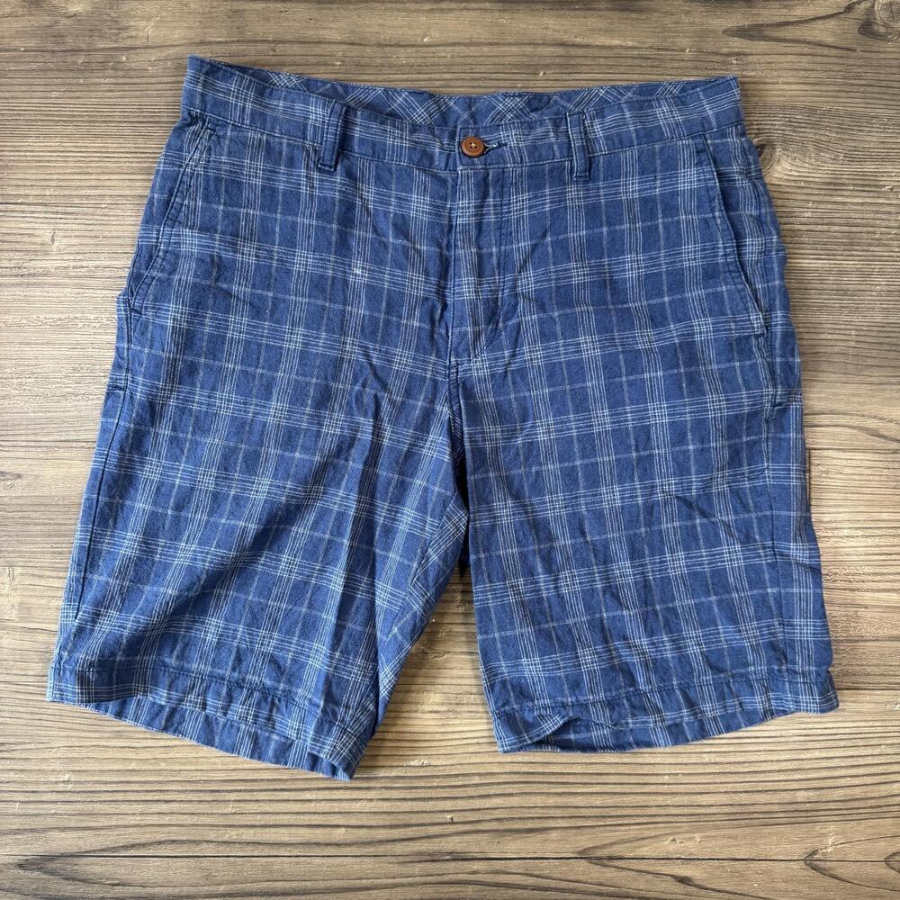Tommy Bahama Shorts Mens 33 Blue Linen Cotton Chino Plaid 10 Inseam Casual